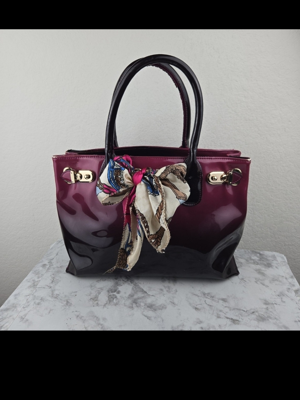 Scarleton Patent Ombre Burgundy to Black Tote Bag with Scarf Accent